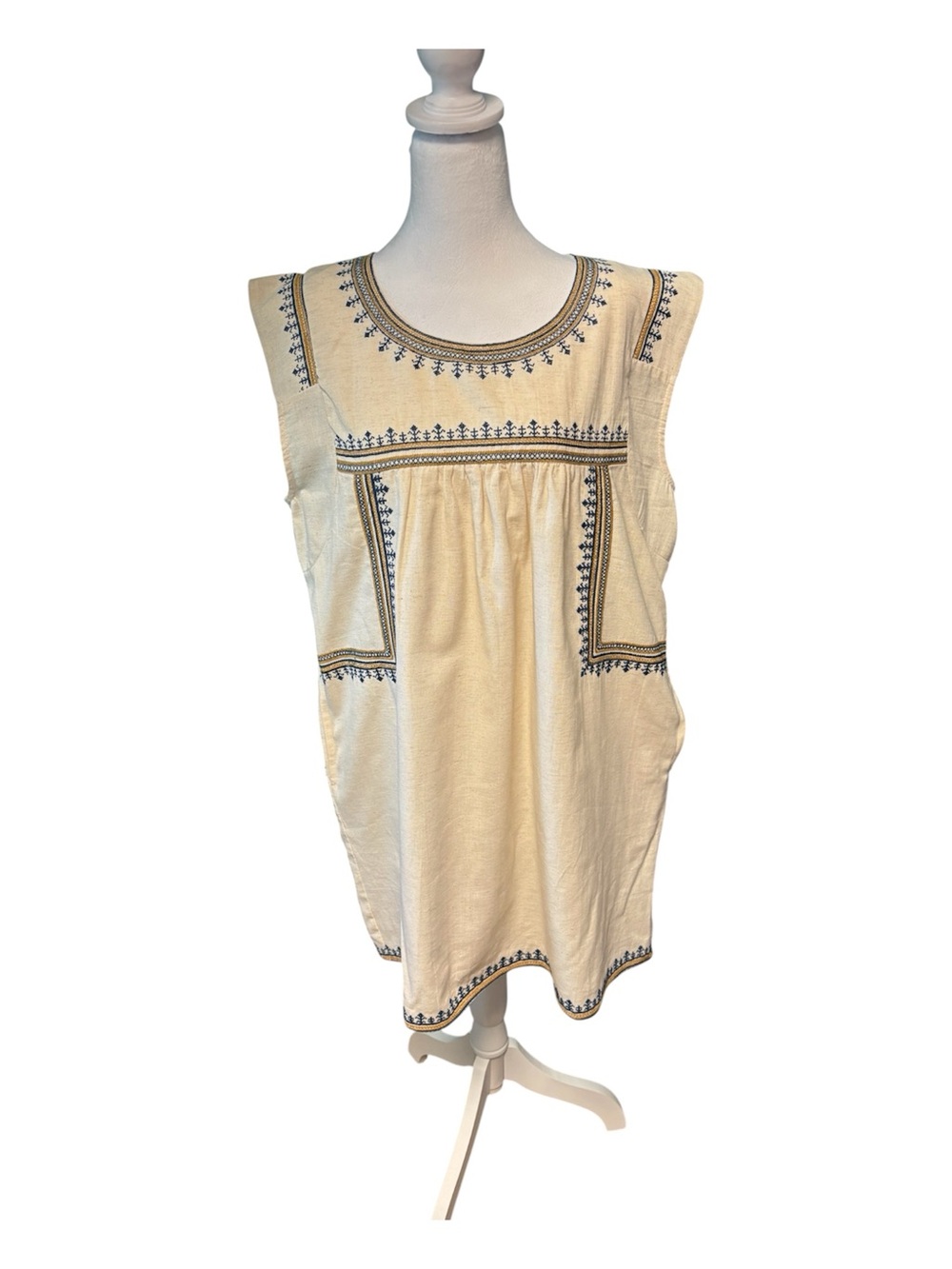 Cost Plus World Market Cream Embroidered Sleeveless Mini Dress